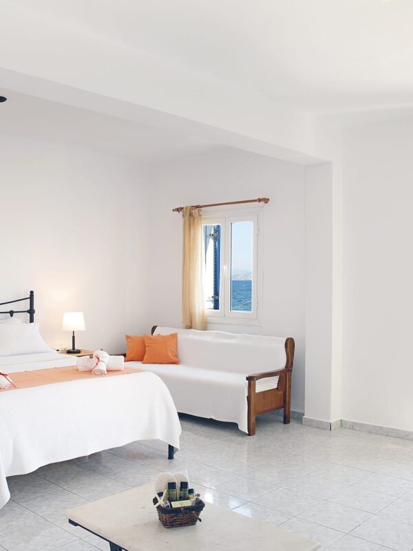 This 35 sqm quadruple room in Agistri can host up to 4 guests. It has a double bed, 2 sofa beds, wifi, a 39’’ TV, a balcony with views, an A/C and more.